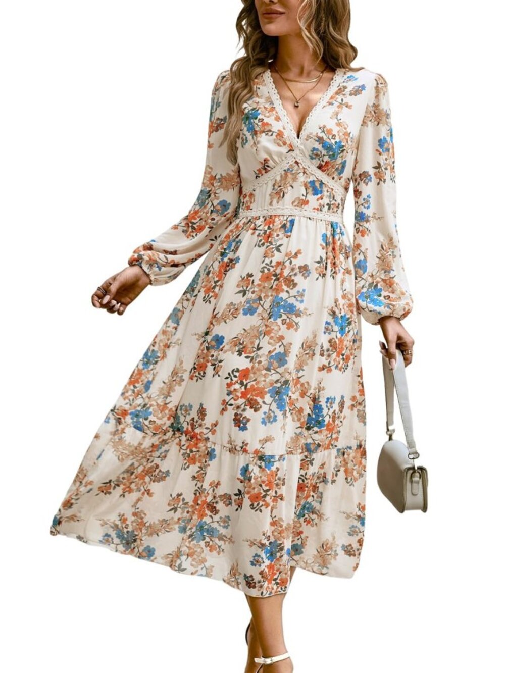 Women's Spring Wrap Maxi Dress Floral V Neck Long Sleeve Wedding Guest Party